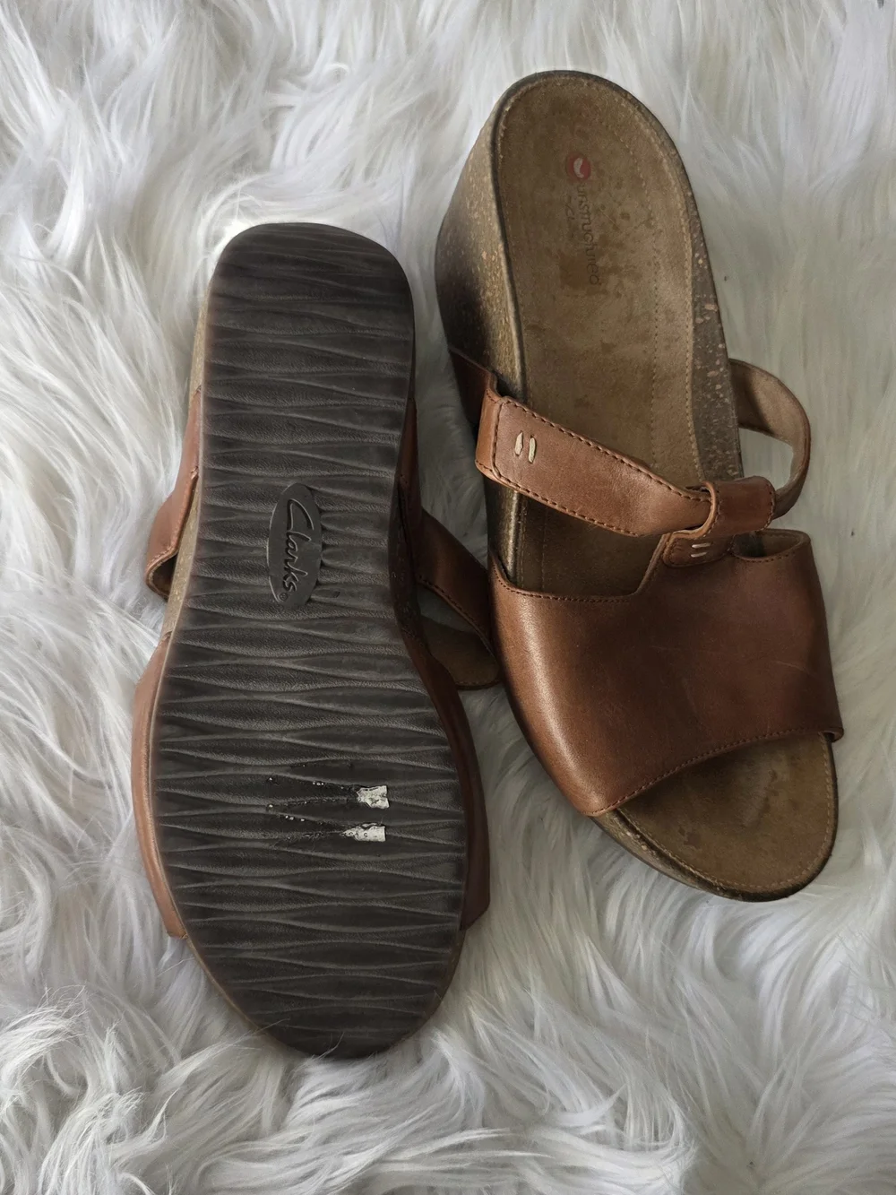 Clarks Brown Leather Wedge Slide Sandals